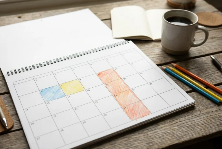 A wall calendar on a wooden desk with two short morning blocks and a longer afternoon block marked in coloured pencil, a mug of coffee and an open paper notebook beside it, in soft morn