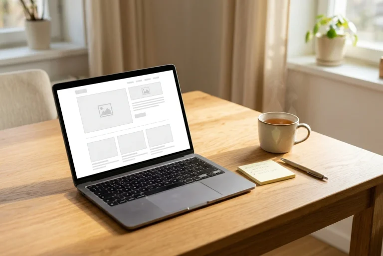 A bright, uncluttered desk where a laptop shows a simple website template with a lot of white space, beside a handwritten sticky note and a mug of tea. Soft morning window light, war