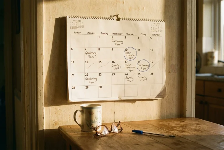 A retiree's wall calendar on a kitchen wall in warm late-afternoon light, with a few weekday evenings circled in blue pen amid entries for gardening, a grandchild's visit an