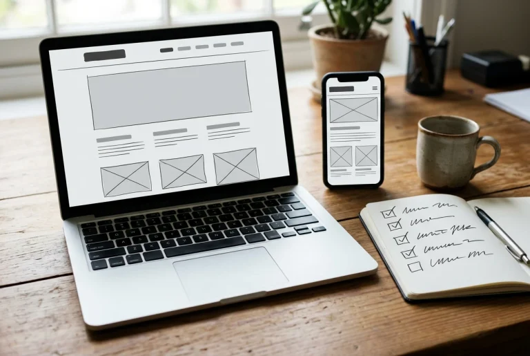 A plain, freshly launched website open on a laptop and a phone side by side on a wooden desk, showing a simple About page with a basic layout, soft morning window light, a mug and a