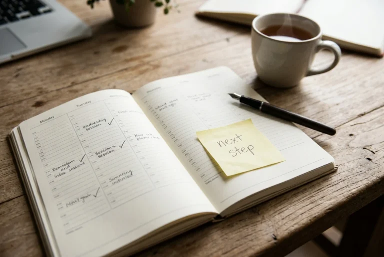 A paper weekly planner lying open on a wooden desk beside a mug of tea and a pen, with three sessions marked by small handwritten ticks and a sticky note reading a next step, in soft m