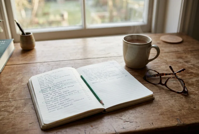 A wooden desk by a window in soft morning light, with an open paper notebook holding a handwritten list of page titles, a few pages circled in green pencil, a mug of tea and a pair of