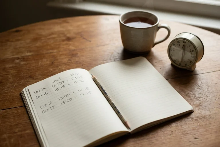 A paper notebook open on a wooden kitchen table beside a mug of tea and a simple wind-up kitchen timer, the page showing handwritten dated rows of start and stop times in pencil, soft mor