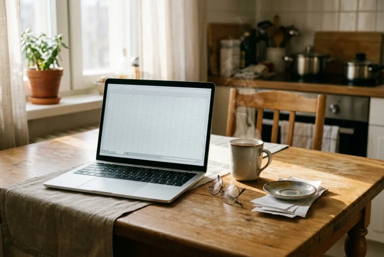 A retiree's tidy kitchen table in soft morning light: an open laptop showing a plain two-tab spreadsheet, a steaming cup of tea, a pair of reading glasses and a small stack of