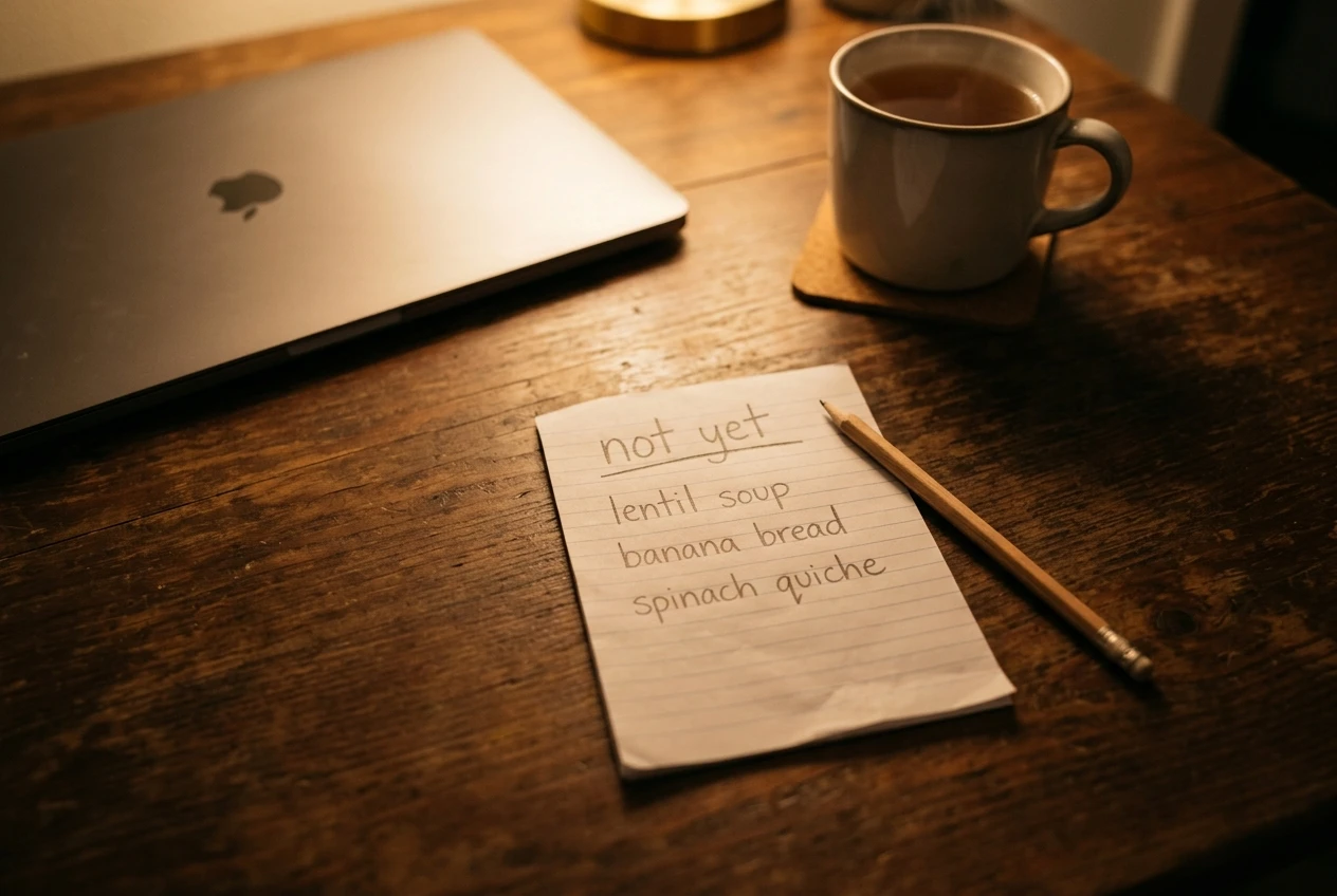 A handwritten 'not yet' list on a small sheet of lined paper, with three short menu names jotted in pencil, resting beside a closed silver laptop on a wooden table, lit