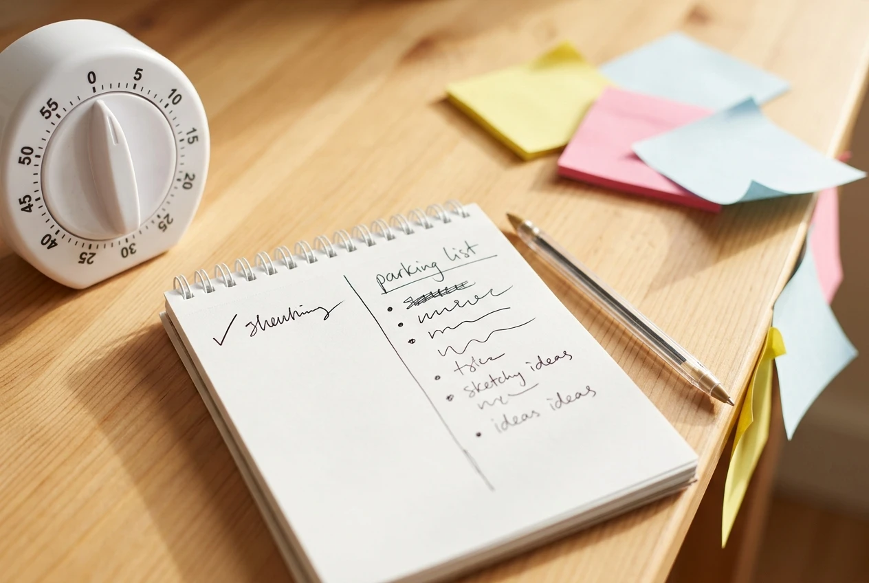 A white kitchen timer set to twenty minutes beside a notepad split into two columns, one with a single ticked-off item and one a loose parking list of scribbled ideas, on a bright desk in morning light with a few sticky notes pinned at the edge.