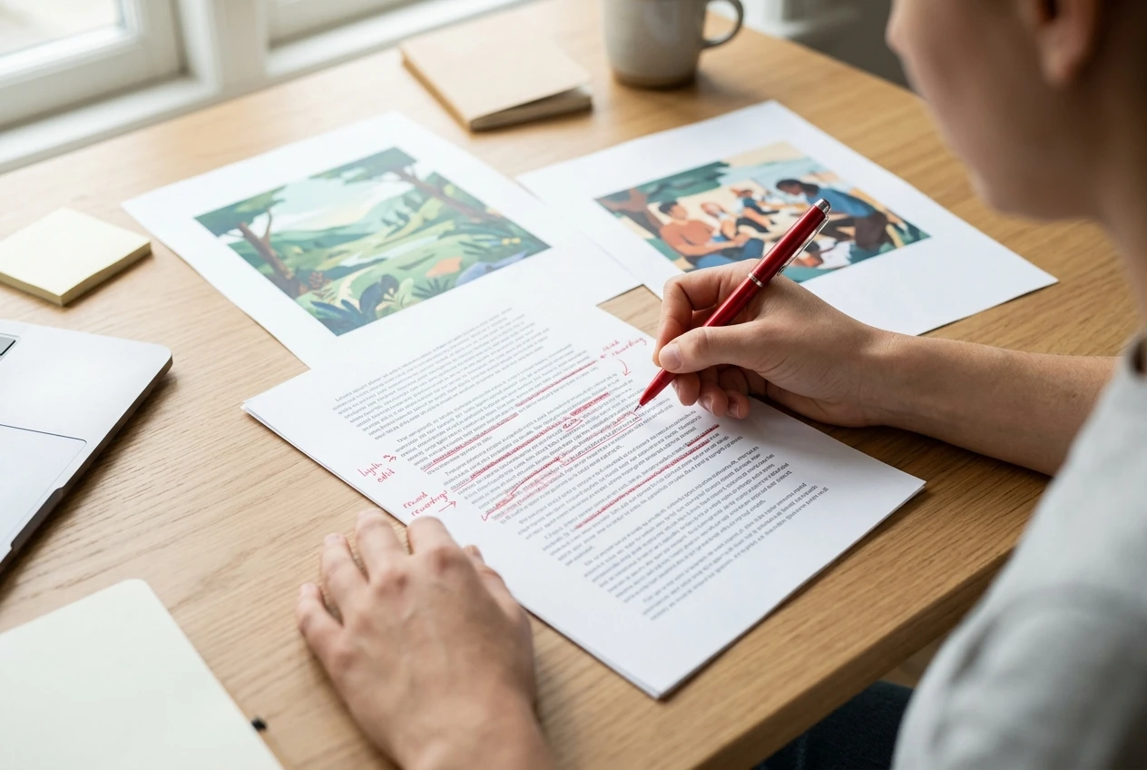 A person's hands holding a red pen over a printed article draft with a few lines crossed out and reworded in the margins, beside two printed illustrations laid out for approval, on a tidy desk in soft daylight.
