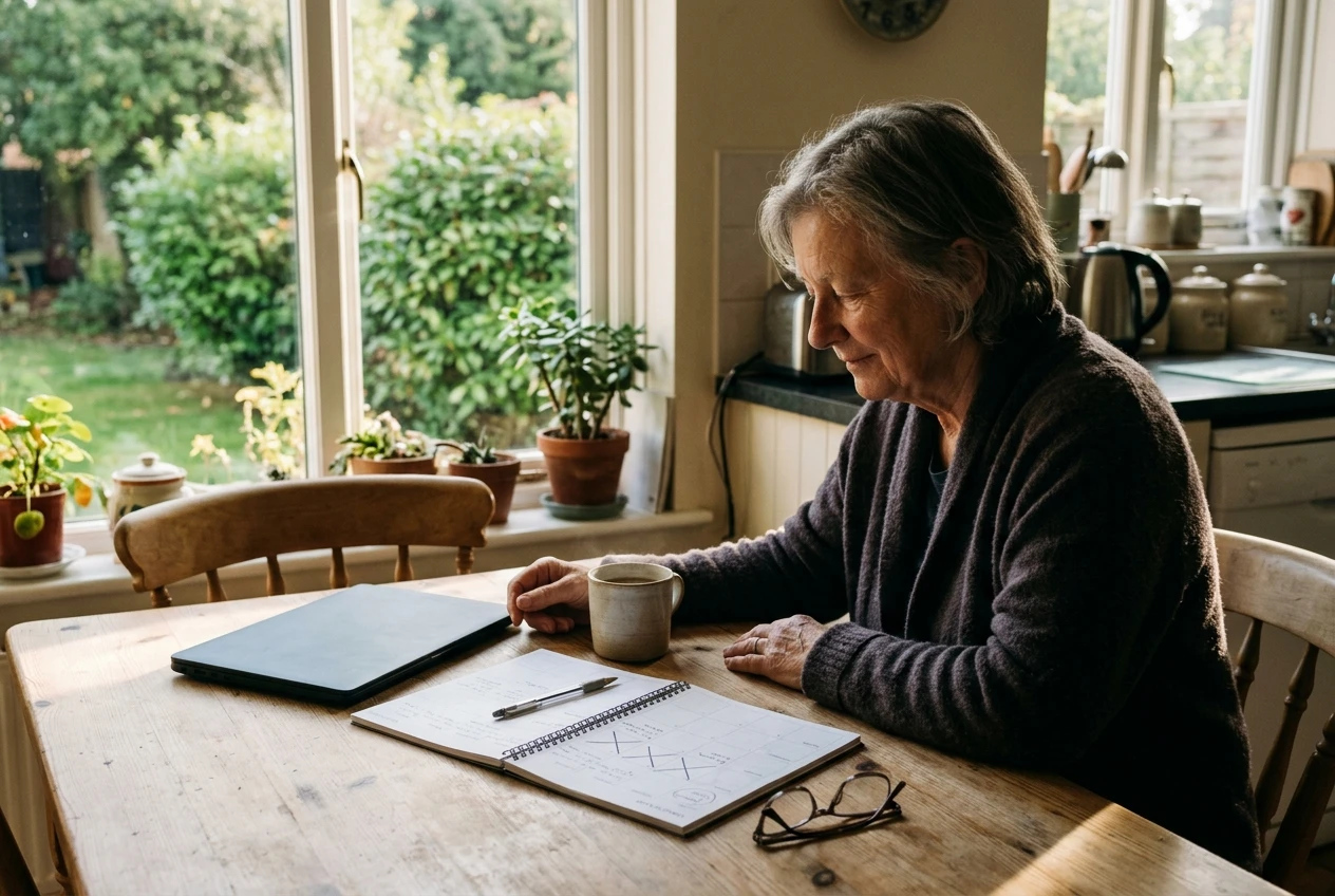 A quiet weekend morning scene: an older person sitting at a sunlit kitchen table with a mug of coffee, a paper weekly planner open in front of them with three marked-off days and one circled, a closed laptop beside it, and a window showing a green garden.