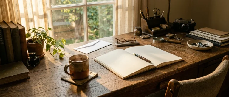 A retired person's wooden desk by a bright morning window, with a ceramic mug of tea, a closed paycheck envelope pushed aside, and an open notebook and pen, soft golden light a