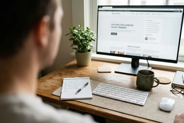 A reviewer's desk seen from over the shoulder in soft daylight: a monitor showing a tidy small website with a clear menu, a notepad with a handwritten checklist of ticked boxes, an