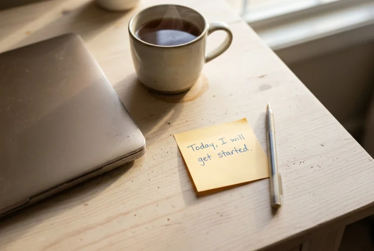A handwritten sticky note on a wooden desk reading as a single short sentence of intent, with a closed laptop, a mug of tea and a pen beside it in soft morning window light. The note