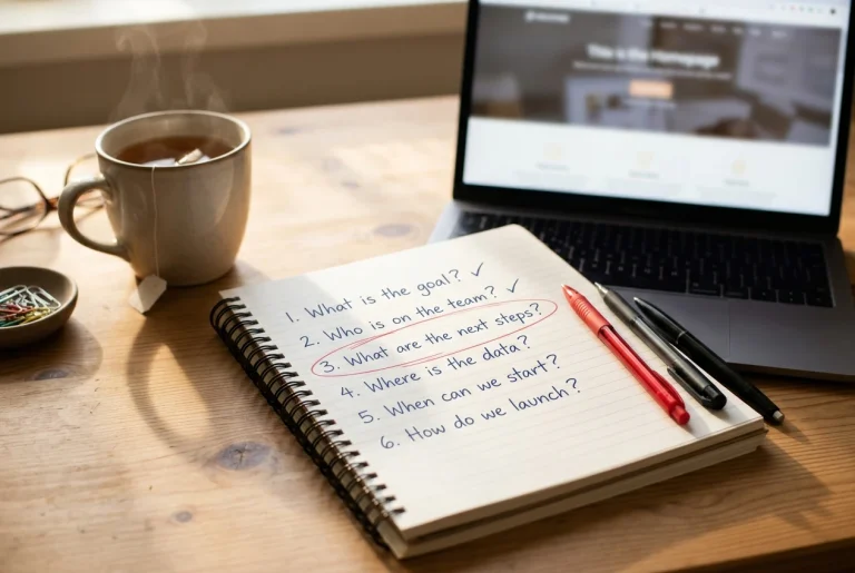 A desk in soft morning light with a notebook open to a handwritten list of six numbered questions, the first two ticked and the third circled in red pen, a laptop beside it showing