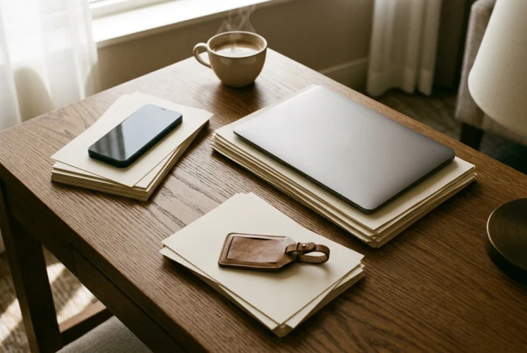 Three loose stacks of paper cards on a wooden hotel desk, each stack with a different object on top: a smartphone, a closed laptop, and a small suitcase tag. Soft morning window light,
