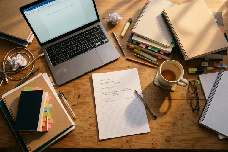 A cluttered desk seen from above in warm afternoon light: a laptop showing a nearly empty draft page, surrounded by unopened course notebooks, a stack of sticky-noted bookmarks and a
