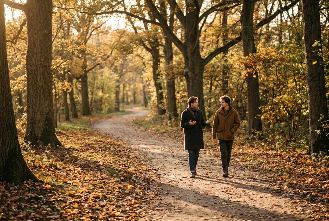 Two people walking side by side on a quiet tree-lined path in late afternoon golden light, one gesturing gently while the other listens, autumn leaves on the ground, unhurried and calm.