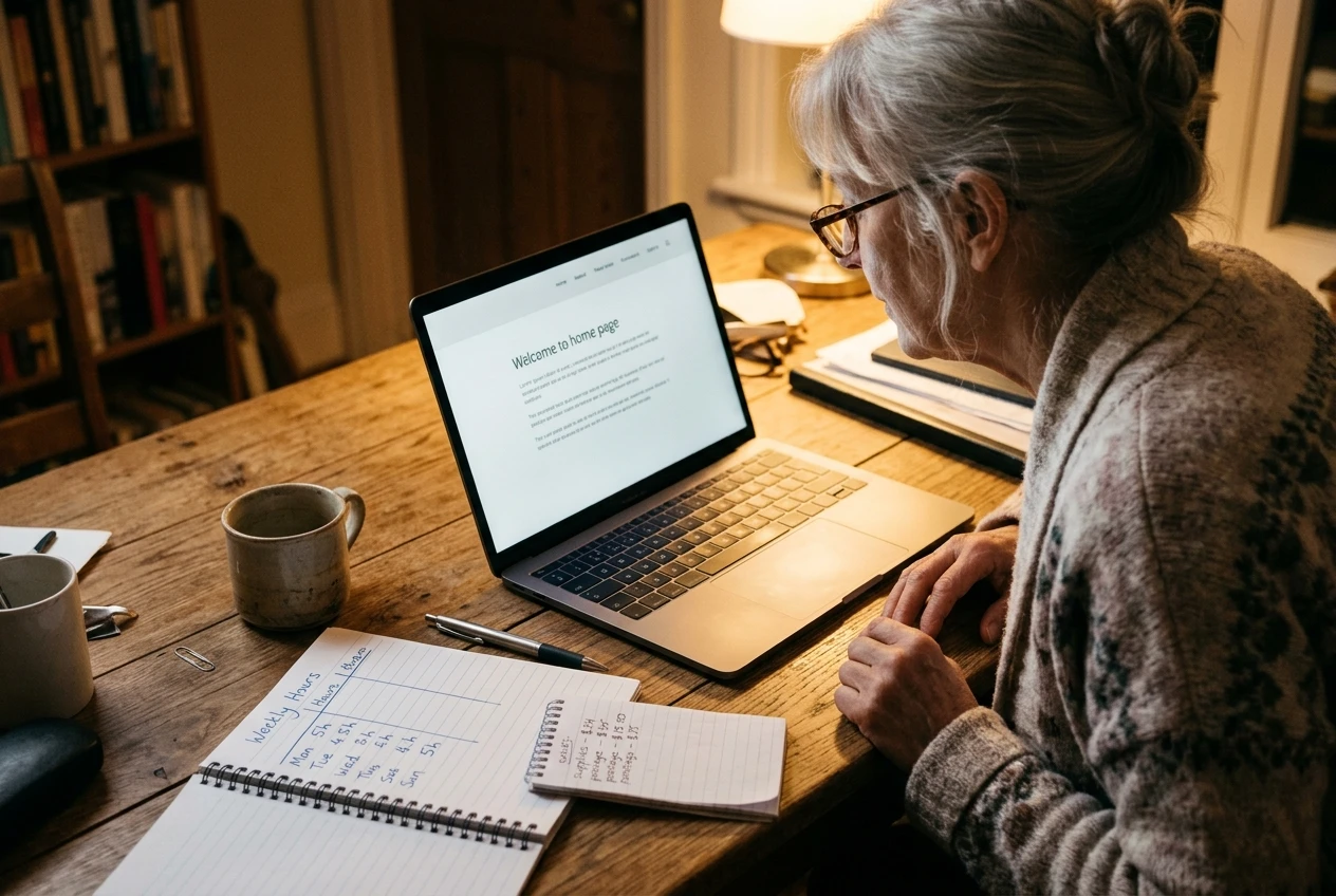 A laptop on a wooden desk showing a simple, plain website home page, with a handwritten notebook of weekly hours and a small list of costs beside it, while an older woman leans in from the side to read the screen, warm lamp light.