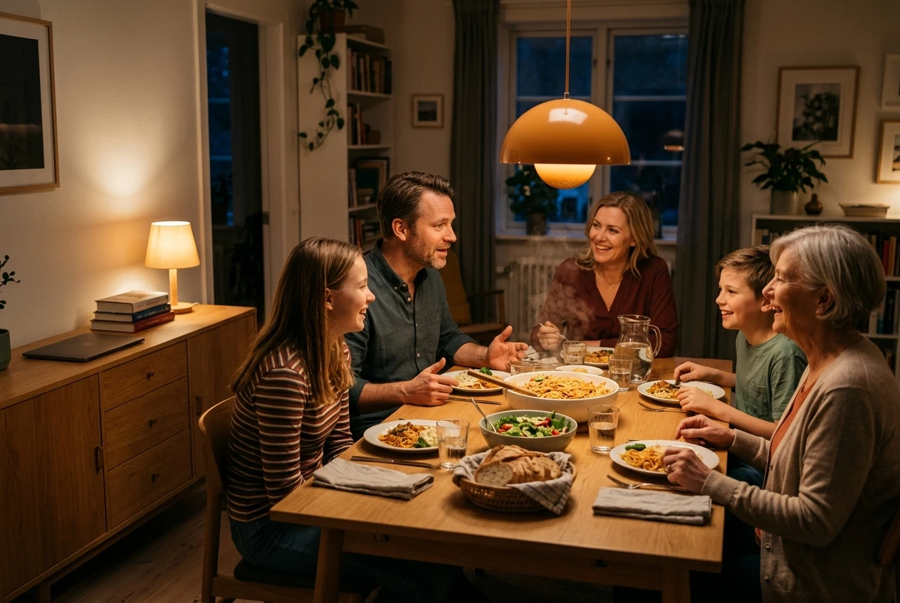 A family gathered around a dinner table in the evening, plates and a shared bowl of food in the center, conversation relaxed and smiling, a laptop closed on a sideboard in the background, warm amber light.