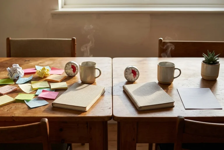 Two identical wooden desks side by side in soft morning light, each with a closed notebook and a mug of tea and an identical small kitchen timer set to the same time; one desk is clutte