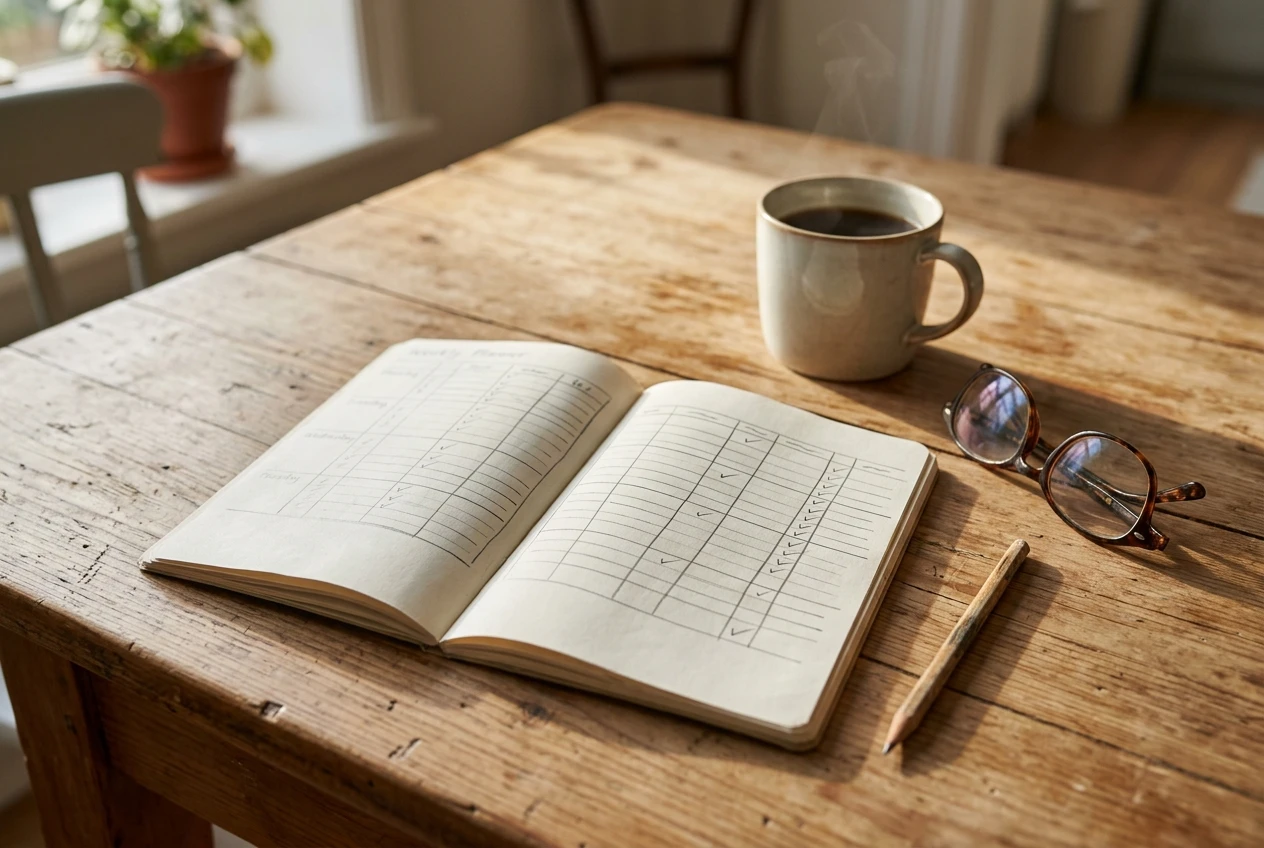 A paper notebook open on a kitchen table showing a hand-drawn weekly grid with a row of small pencil tick marks, a sharpened pencil lying beside it, reading glasses, and a cup of coffee, in warm late-morning window light.