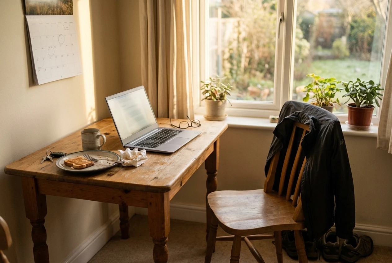 A retiree's laptop on a small table beside a window after a morning walk, with a walking jacket draped over the chair, a half-finished breakfast plate, and a wall calendar nearby with a few days softly circled, in gentle golden light.