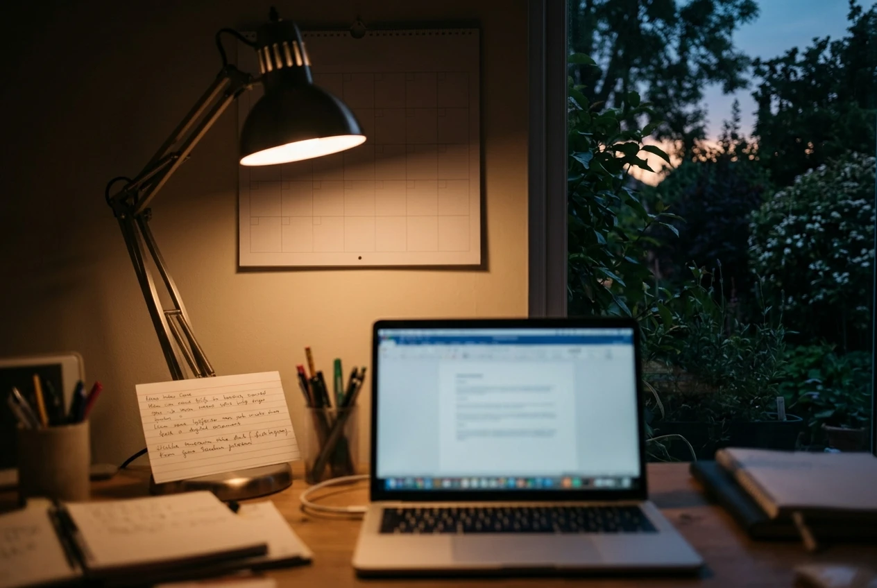 A handwritten index card propped against a desk lamp next to an open laptop, with an unmarked blank wall calendar in the background and a garden visible through the window at soft dusk, in calm warm tones.