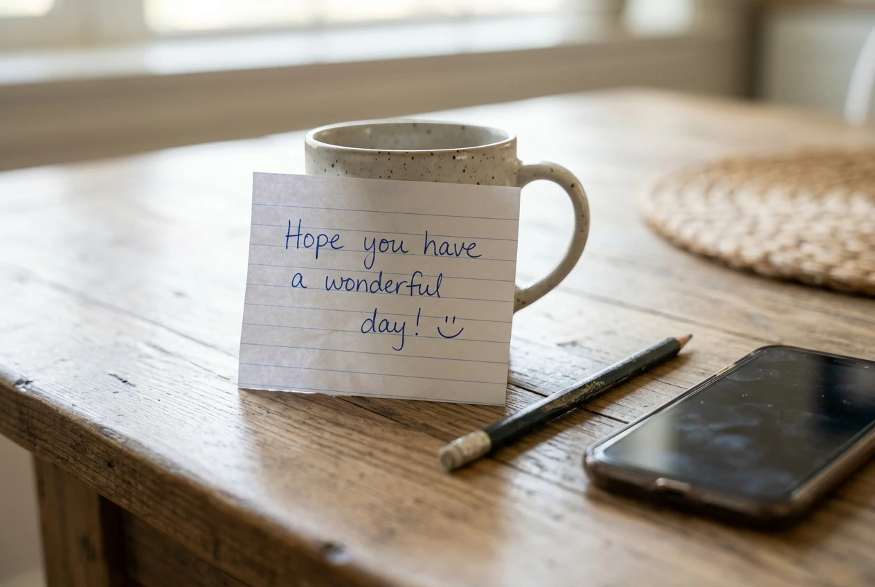 A handwritten sentence on a small sheet of lined paper propped against a mug on a kitchen table, next to a pencil and a phone lying face down. Soft morning light and a calm, uncluttered table.