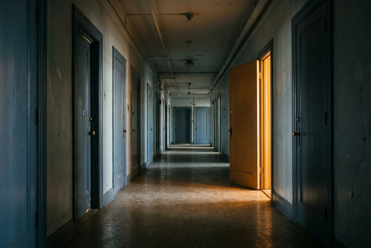 A long hallway lined with many closed doors, with a single door near the end standing open and spilling warm golden light onto the floor. The rest of the doors are painted in cool, muted blues and greys.