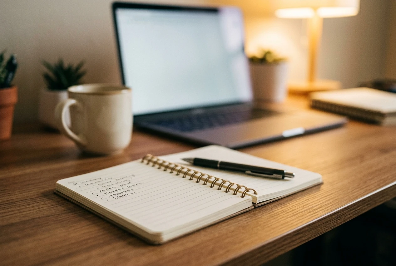 A small spiral notebook open on a desk with a short list of handwritten lines, a pen resting across it, and a laptop blurred in the background. Warm lamp light and a tidy, quiet workspace in cream and wood tones.