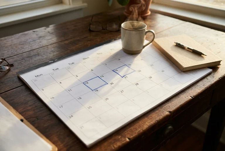 A paper wall calendar on a wooden desk in warm morning light, with Tuesday and Thursday afternoon blocks boxed in blue pen, next to a steaming mug and a closed notebook with a pen l