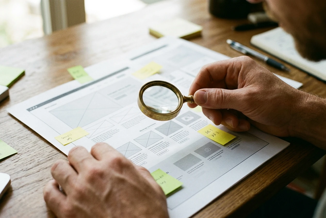 A person's hands holding a small brass magnifying glass over a printed website page laid flat on a table, with sticky notes in yellow and green marking spots on the page, soft daylight from a window.