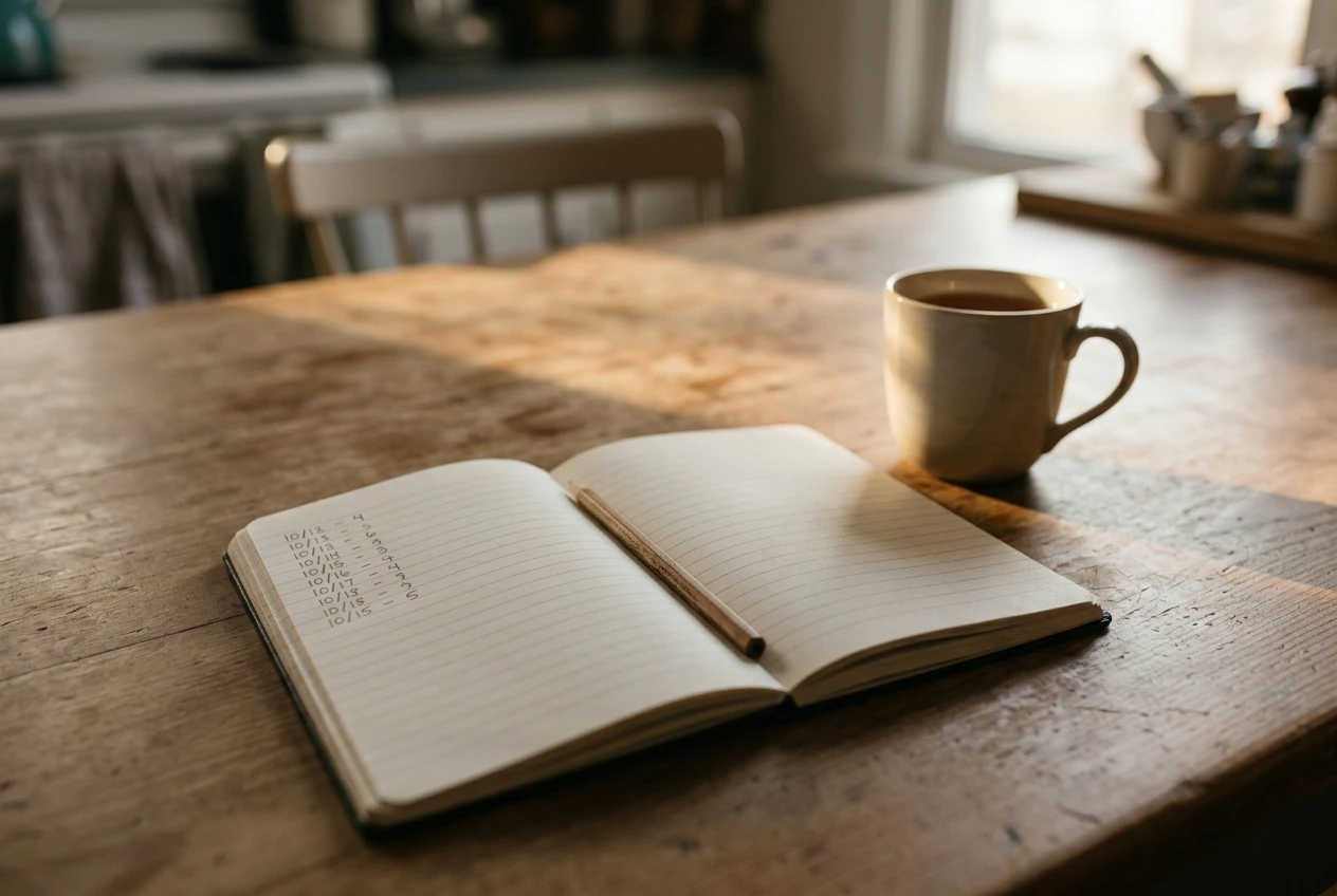 An open lined notebook on a kitchen table showing a single column of handwritten dates with one number beside each, a pencil resting in the fold, and a cup of tea beside it in calm afternoon light.