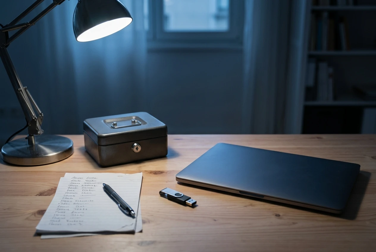 A tidy desk with a small metal lockbox, a USB drive, and a paper list of account names beside a closed laptop, lit by a desk lamp in cool evening tones.