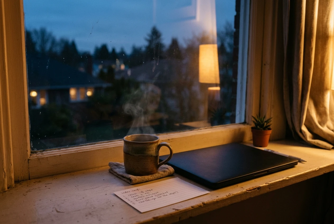 A quiet evening windowsill scene: a steaming cup of tea next to a closed laptop and a short handwritten list of five numbered steps on an index card, dusk blue light outside, warm lamp glow inside.