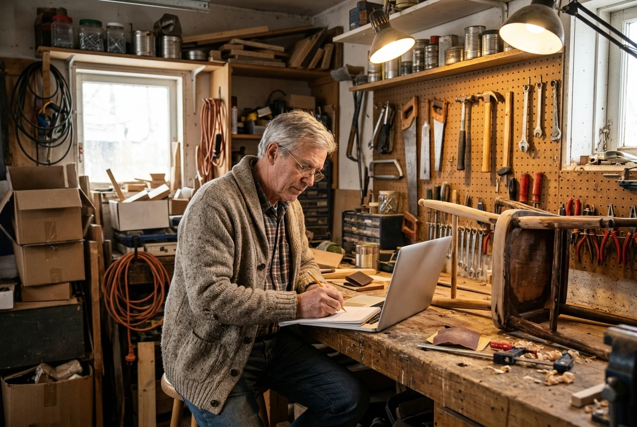An older man in a cardigan sits at a workbench in a home garage workshop, hand tools hung on a pegboard behind him, writing notes in a notebook next to a laptop and a half-restored wooden chair, lit by a warm overhead lamp and a side window.