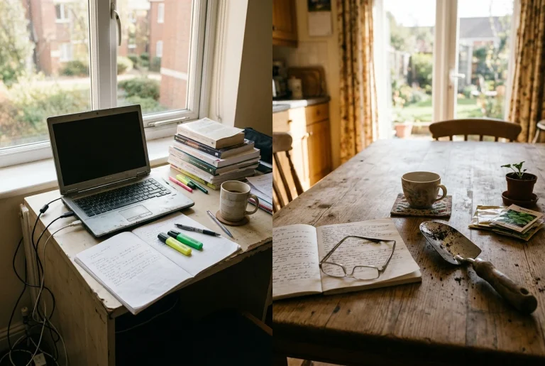 A split scene in warm daylight: on one side a university student's desk by a window with a notebook, highlighter and a secondhand laptop beside a coffee mug; on the other a reti