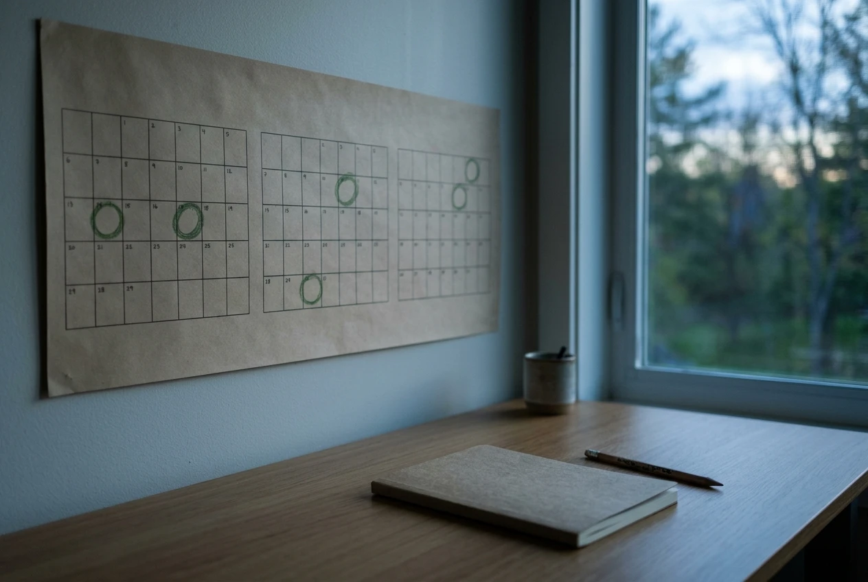 A paper wall calendar with three months laid out side by side, a few days ringed in green pencil, a notebook and pencil resting on a tidy desk by a window, calm early evening light in muted blues and greens.