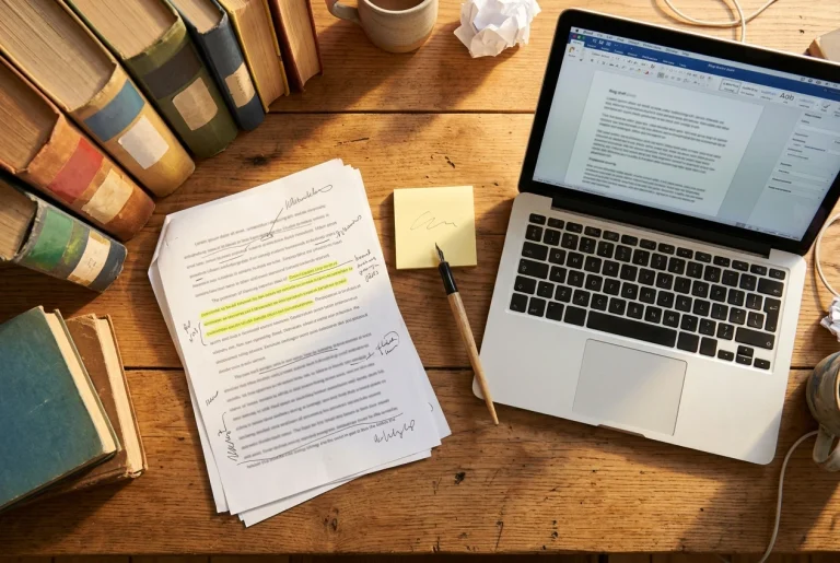 A wooden desk seen from above in warm morning light: a marked-up printed essay with a highlighted paragraph and a stack of library books on one side, and on the other side an open l