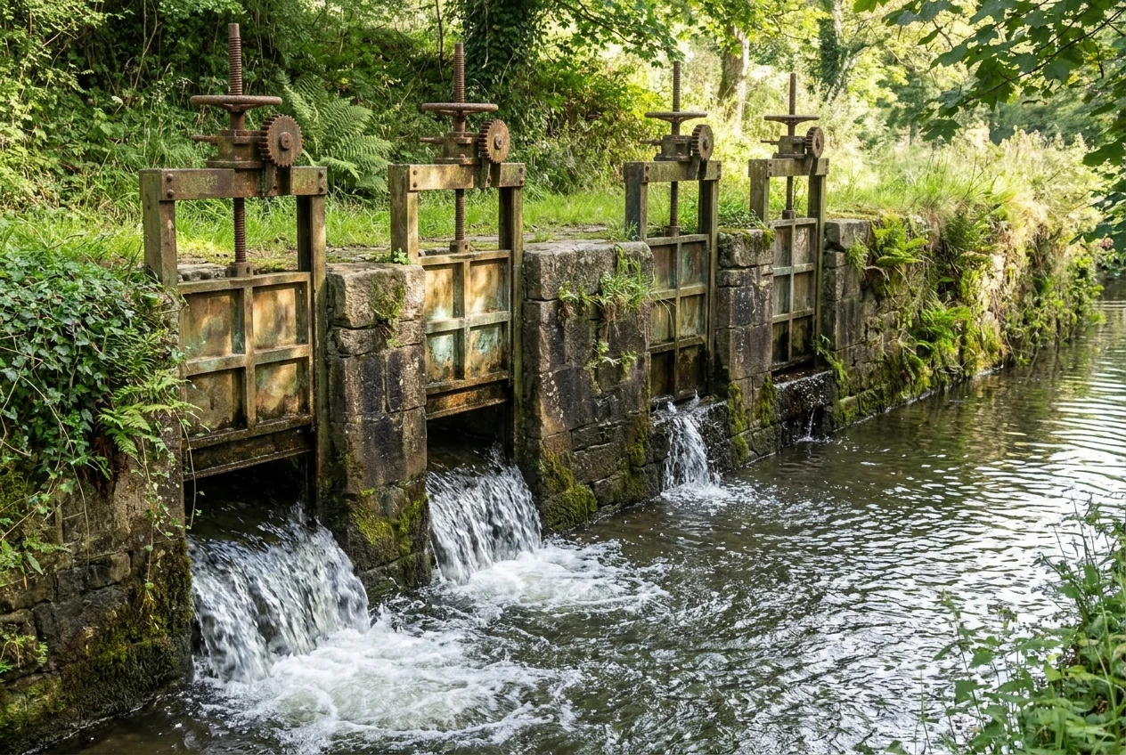 A row of four weathered brass sluice gates along a stone canal, water flowing freely through the first two and trickling through the third, with the last gate barely open, soft morning light and green banks.