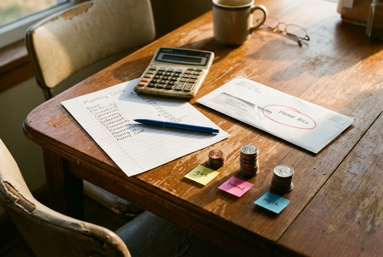 A kitchen table with a handwritten list of monthly costs, a calculator, a phone bill envelope circled in red pen, and three small stacks of coins labelled by sticky notes, lit by warm afternoon light.