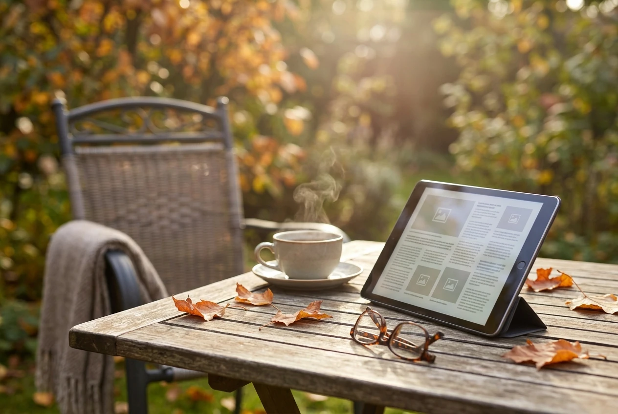 A published article glowing on a tablet propped on a sunlit garden table in early autumn, a cup of tea and a pair of reading glasses beside it, with an empty garden chair in soft focus behind, suggesting the work carries on while its owner is away.