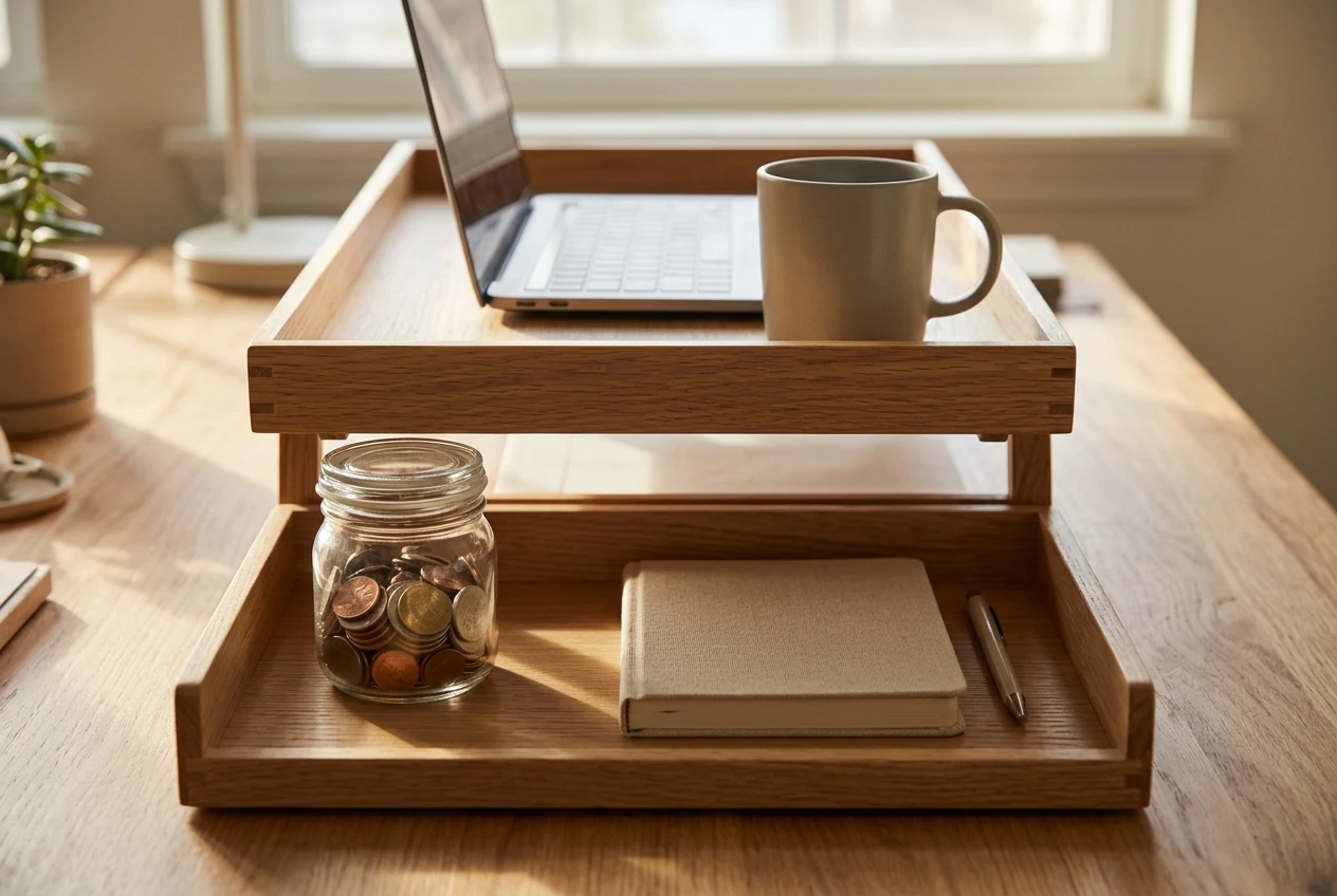 Two stacked wooden trays on a tidy desk in soft morning light: the lower tray holds a glass jar of coins and a small notebook, the upper tray holds an open laptop and a mug, suggesting a second layer resting on top of savings.