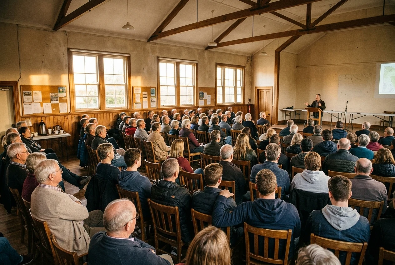A modest community hall seen from the back in warm afternoon light, filled with about a hundred people of mixed ages sitting in rows on wooden chairs, a few retirees and students among them, all turned toward a speaker at the front.