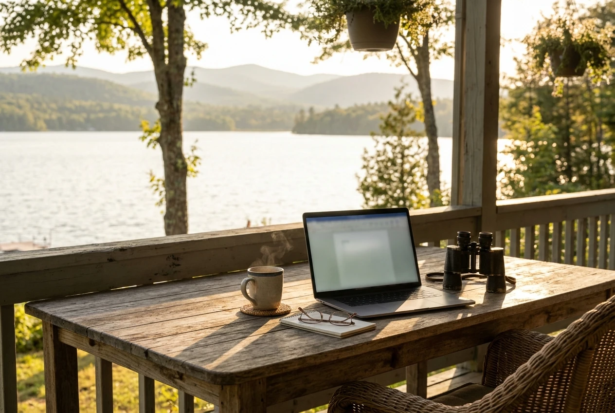 A retiree's sunlit porch table with a laptop open beside a cup of coffee and a pair of binoculars, with a lake and hills in soft golden light beyond, the work fitting easily into a relaxed day.
